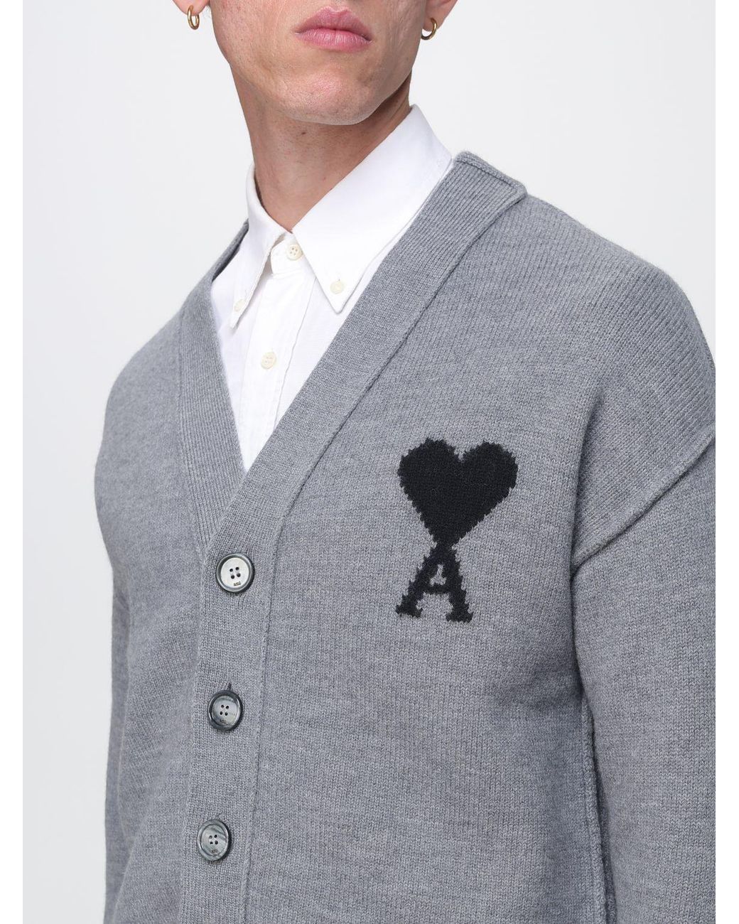 AMI Gray V-Neck Wool Cardigan With Contrast Logo for men