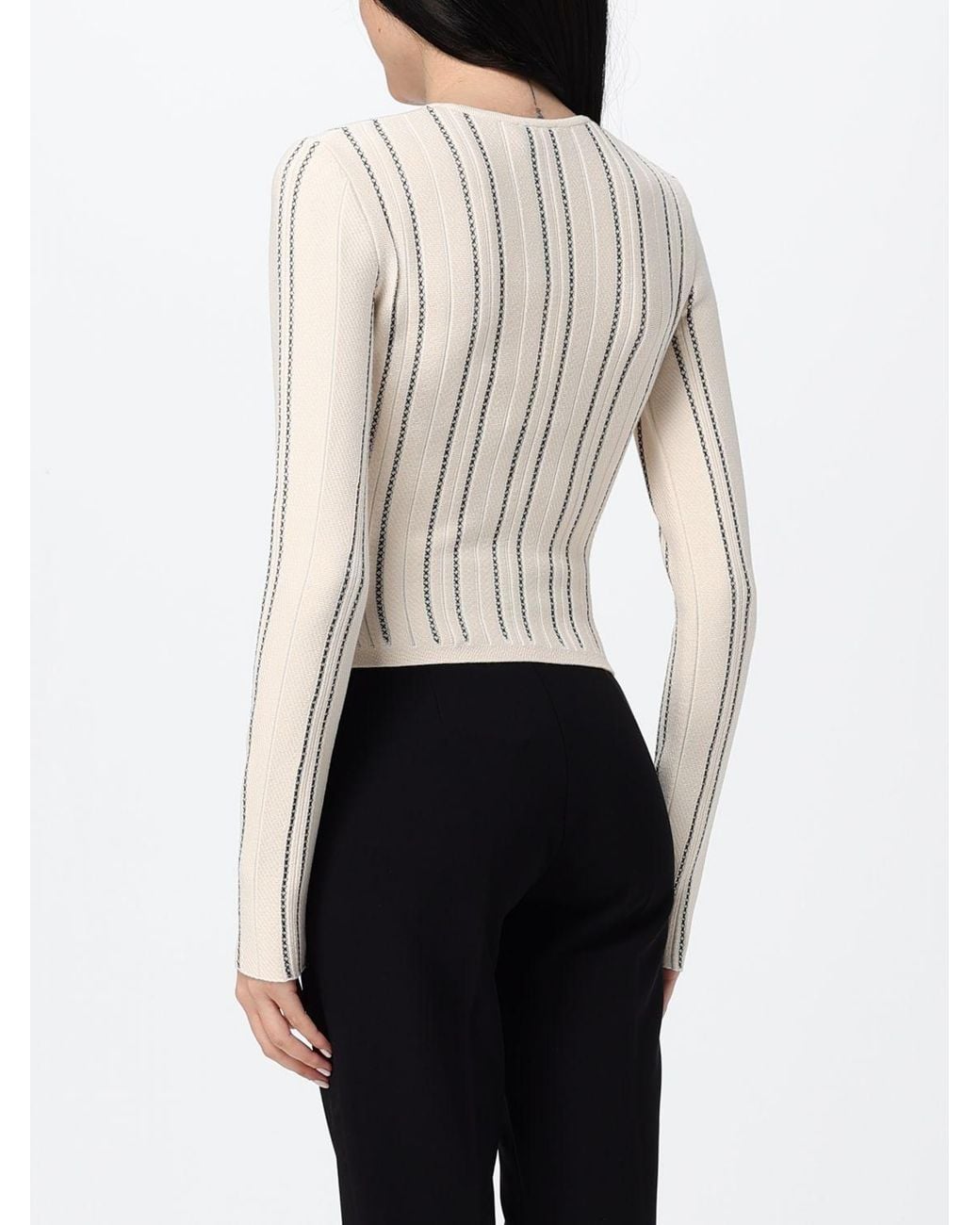 Elisabetta Franchi White Striped Slim Fit Cardigan With Crew Neck And Zip Closure