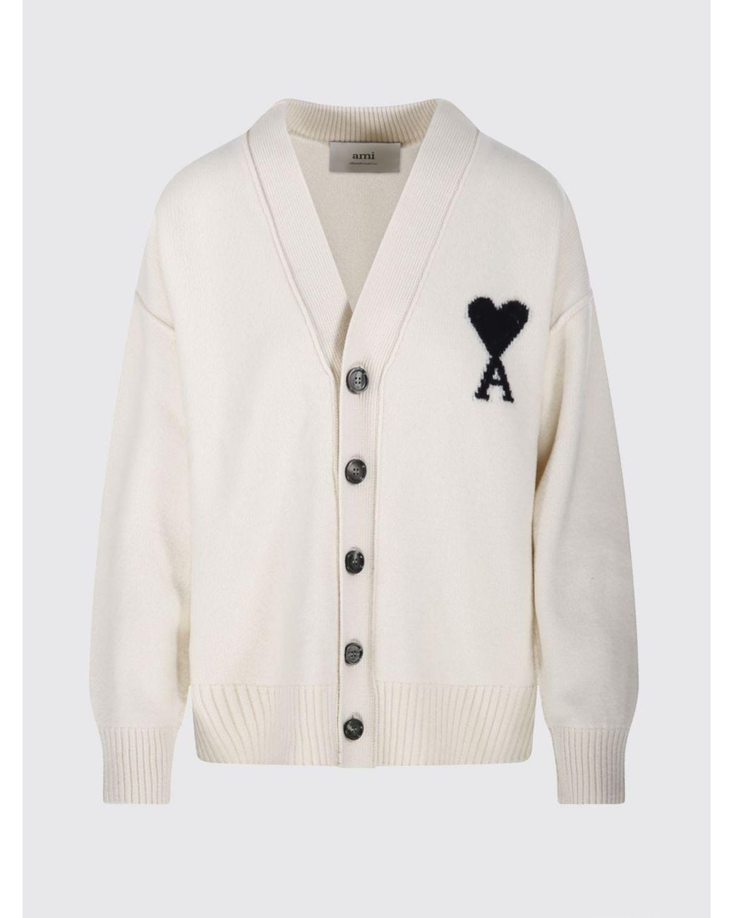 AMI Natural V-Neck Wool Cardigan With Contrast Logo for men