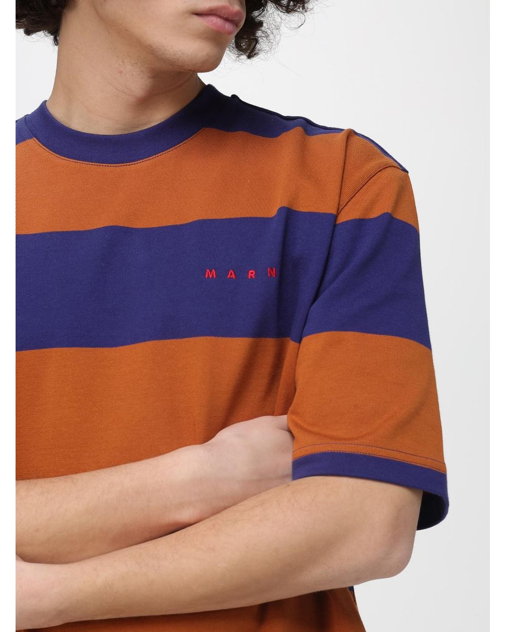 Marni Blue Striped Cotton Crew Neck T-Shirt for men