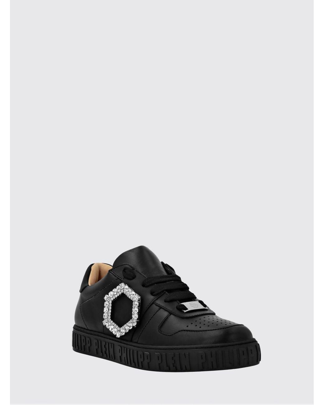 Philipp Plein Black Smooth Leather Low-Top Trainers With Jewelled Buckle