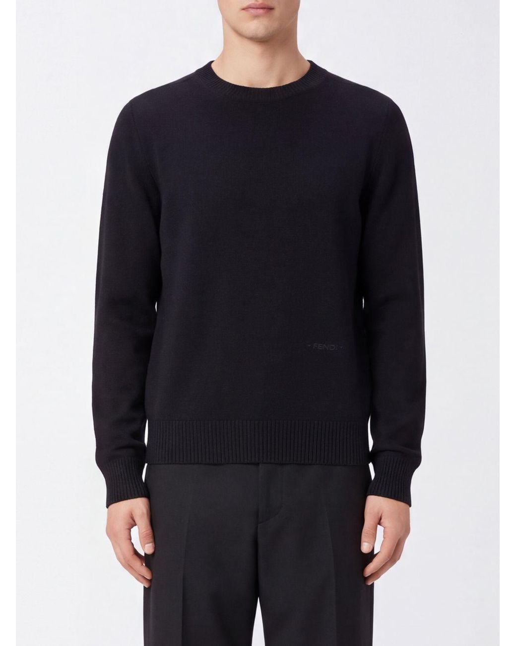 Fendi Blue Crewneck 100% Cashmere Jumper With Ribbed Trims for men