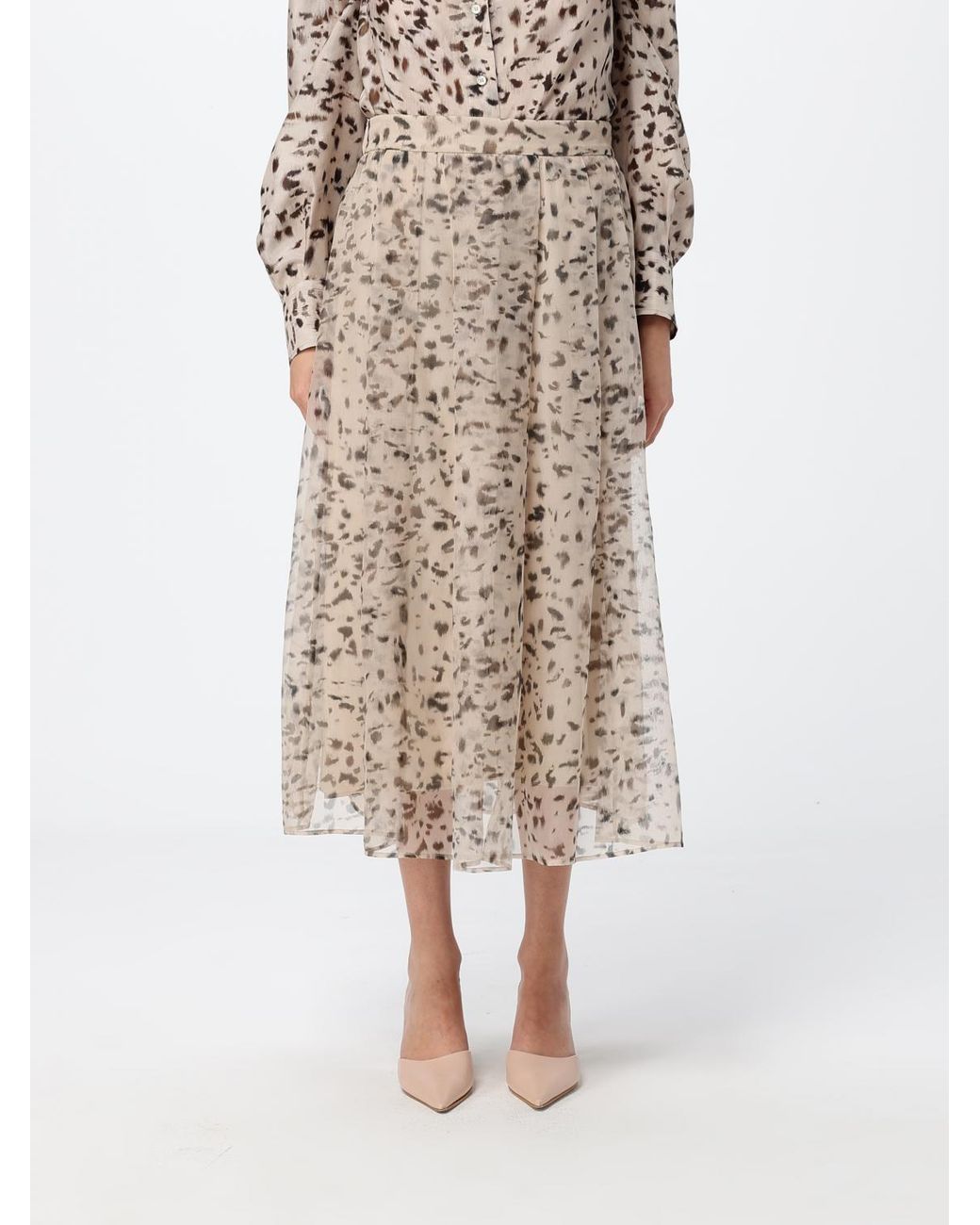 Brunello Cucinelli Natural Abstract-Print Silk A-Line Midi Skirt For
