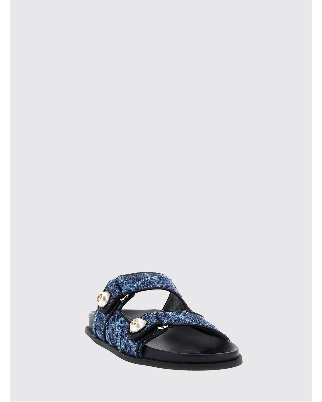 Jimmy Choo White Fayence Pearl-Embellished Denim Flat Sandals With Monogram