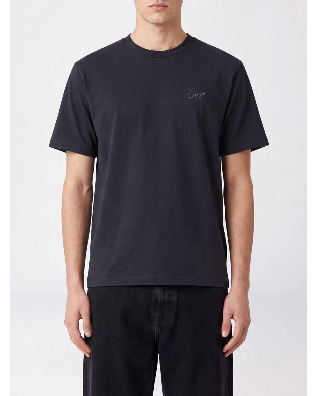 KENZO Blue Short-Sleeved Cotton T-Shirt With Contrast Embroidered Logo for men