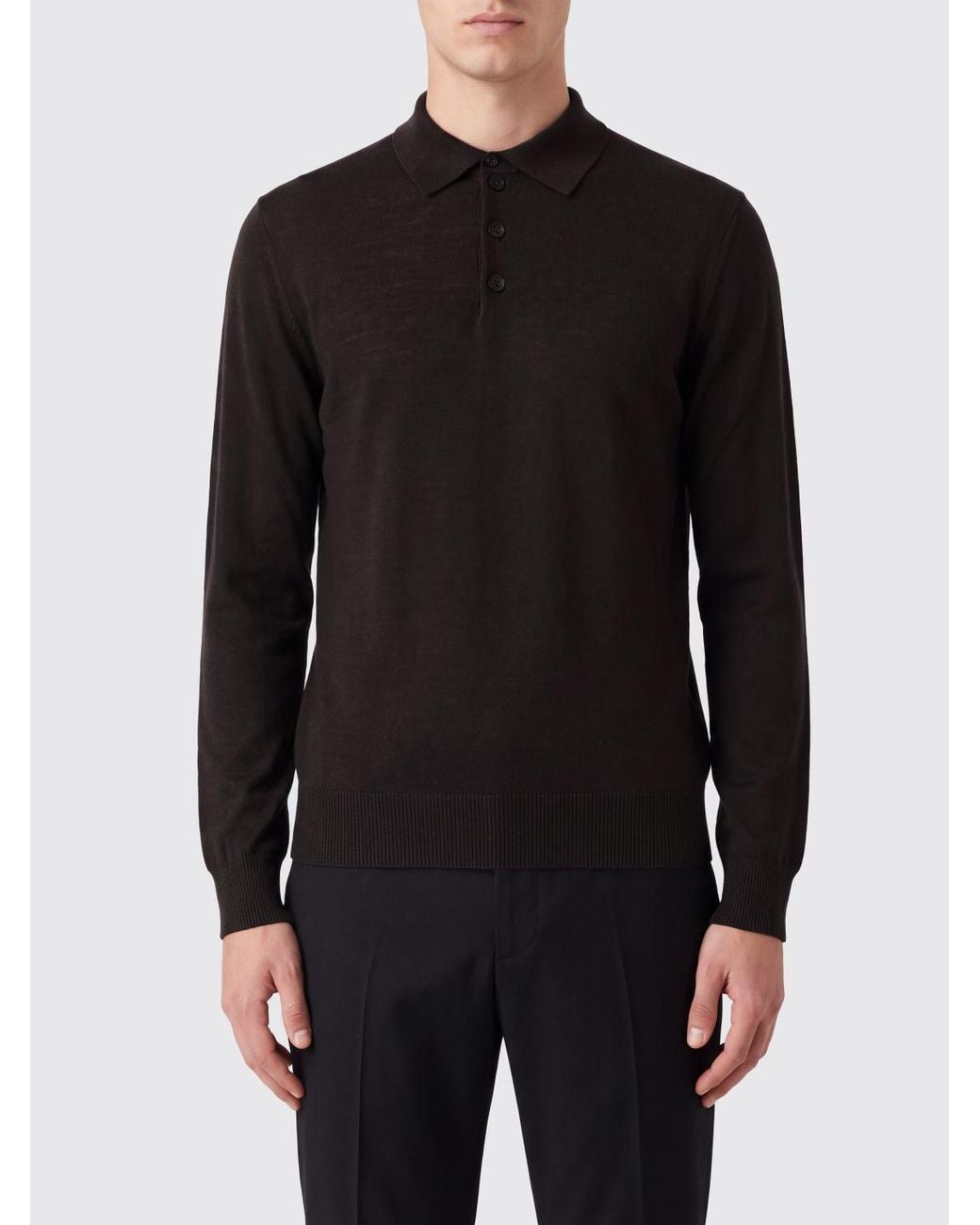 Emporio Armani Black Long-Sleeved Virgin Wool Knit Polo Shirt With Three-Button Placket for men