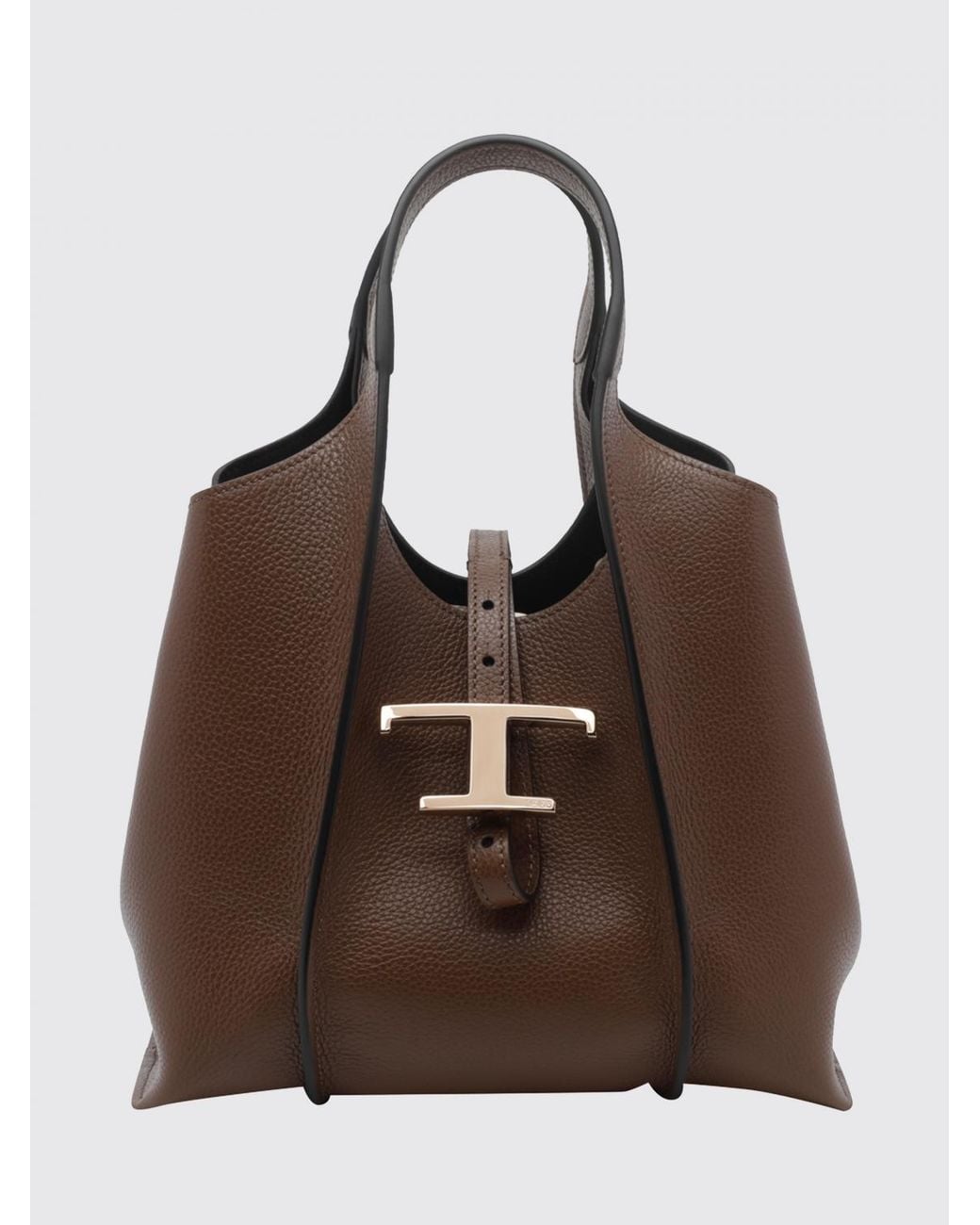Tod's Brown T Timeless Grained Leather Handbag With Metal Logo