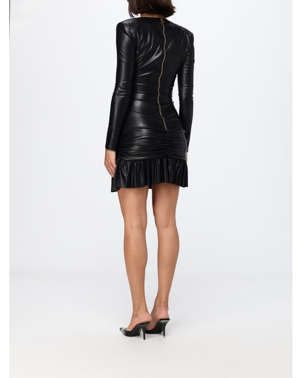 Elisabetta Franchi Black V-Neck Faux Leather Long Sheath Dress