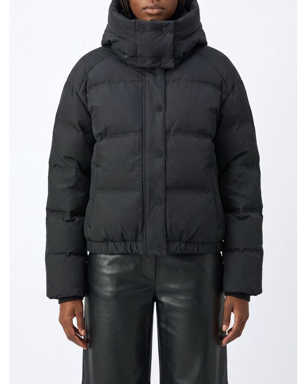 Perfect Moment Black Hooded Quilted Nylon Cropped Puffer Jacket With Funnel Neck