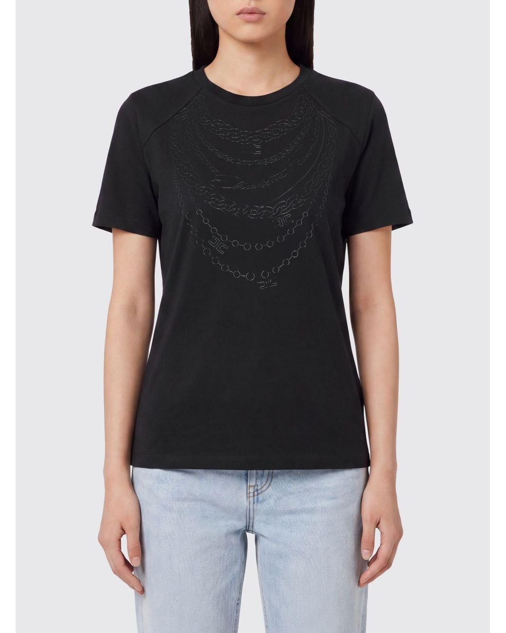 Elisabetta Franchi Black Slim Fit Cotton T-Shirt With A Contrasting Graphic Print