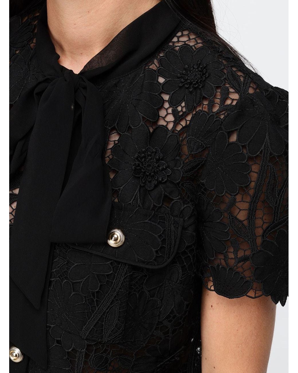 Self-Portrait Black Sheer Lace Evening Top With Pussy-Bow Collar And Short Sleeves