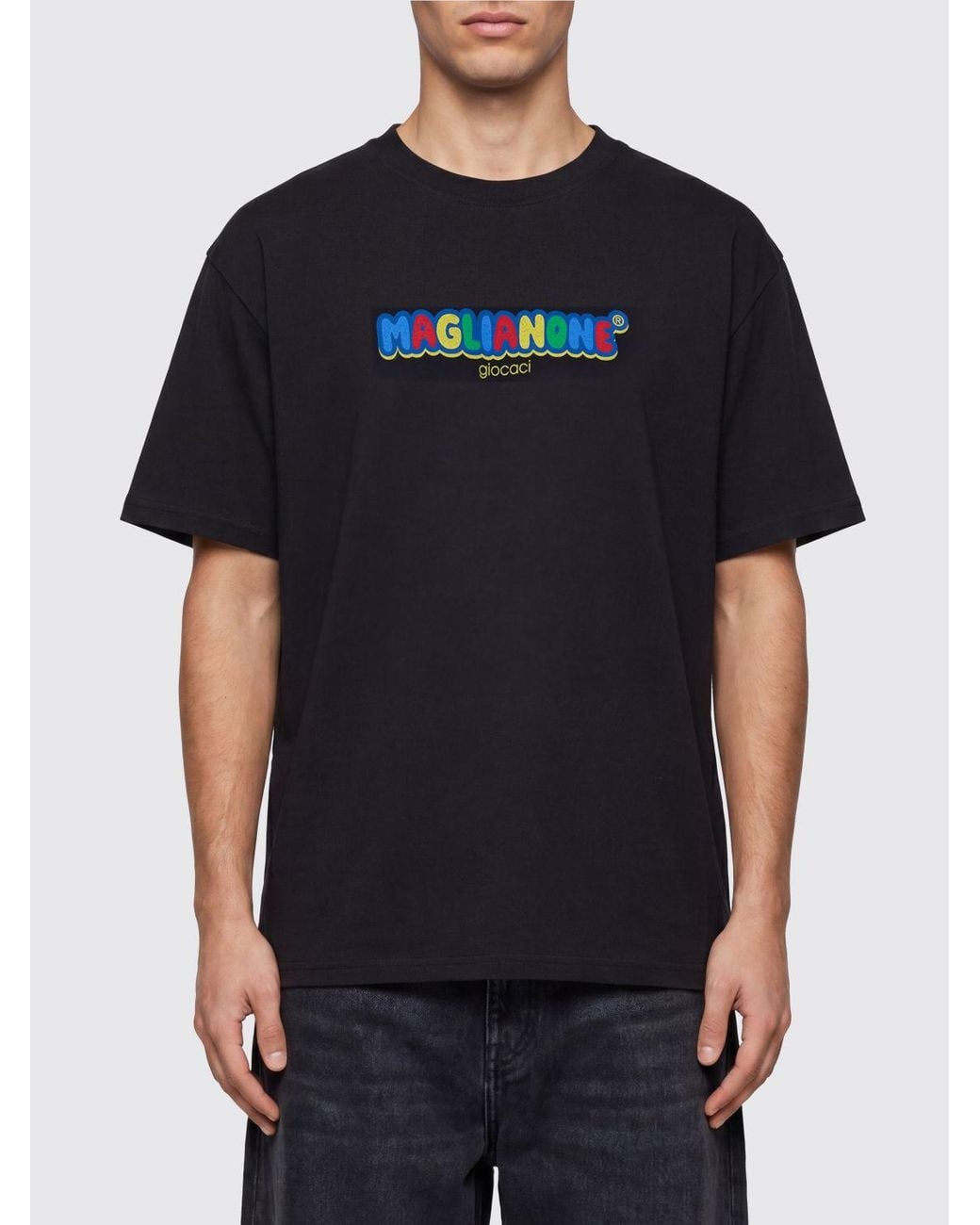 Magliano Black Relaxed Fit Cotton Crew-Neck T-Shirt With Contrasting Logo for men
