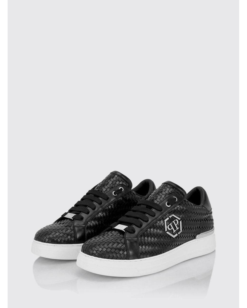 Philipp Plein White Woven Leather Low-Top Sneakers With Hexagon Logo for men