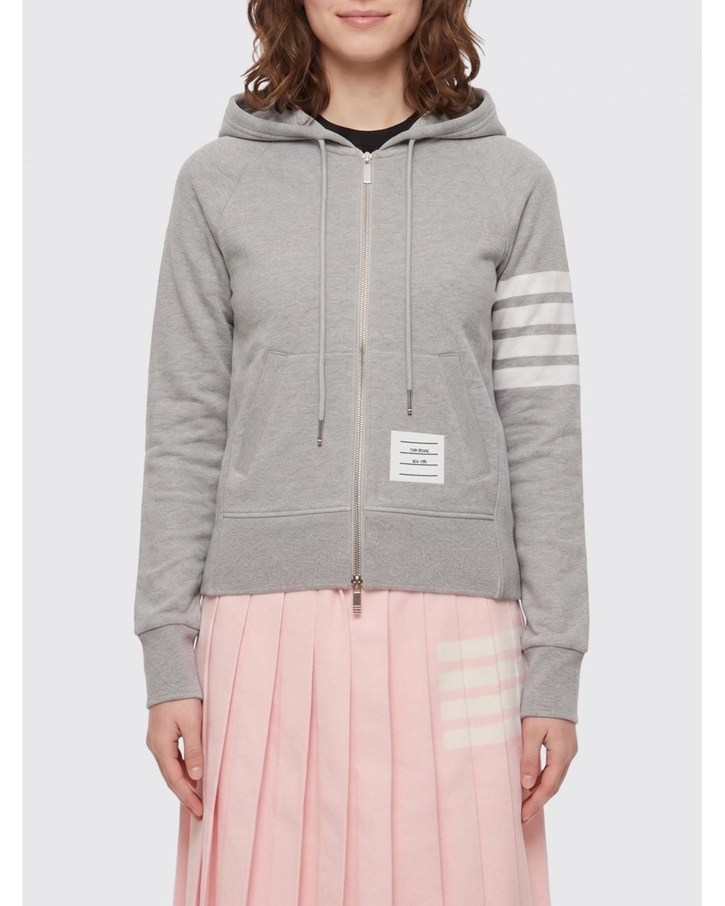 Thom Browne Gray 4-Bar Stripe Zipped Cotton Hoodie With Drawstring Hood