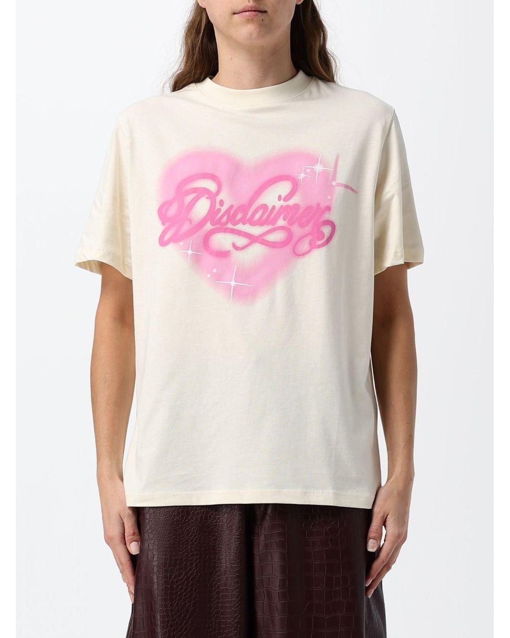 DISCLAIMER Pink Cotton T-Shirt With Graphic Print And Contrast Logo