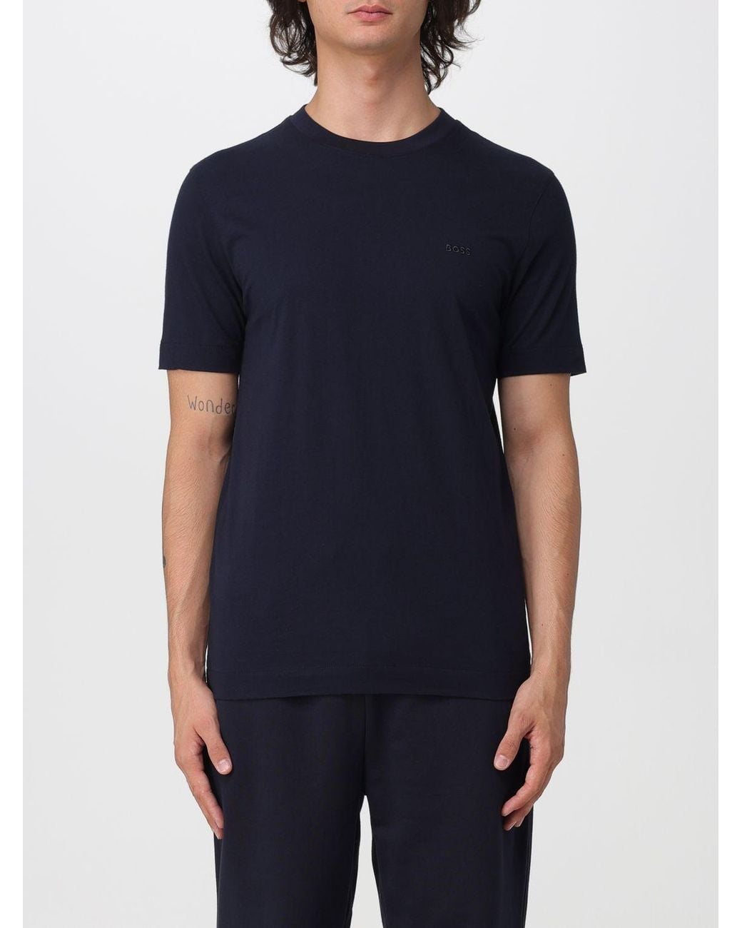 Boss Blue Embroidered Logo Cotton Crewneck T-Shirt for men