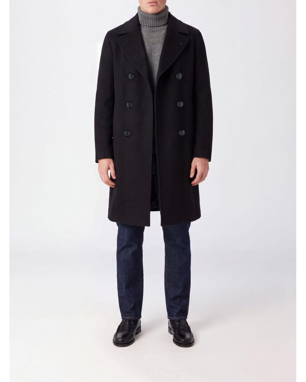 Tagliatore Blue Knee-Length Double-Breasted Wool Coat With Peak Lapels for men