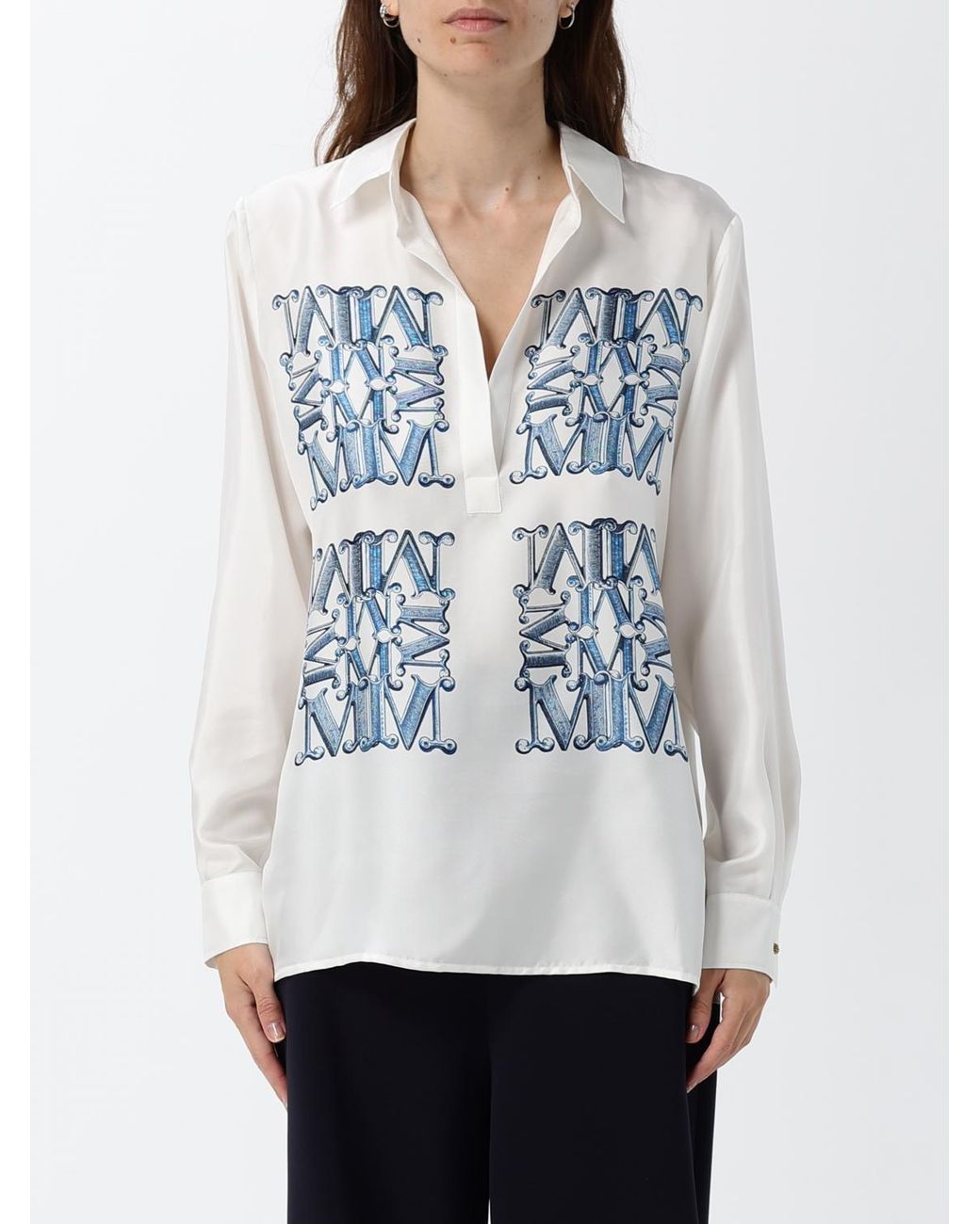 Max Mara Gray Monogram Print Silk Shirt With Classic Collar