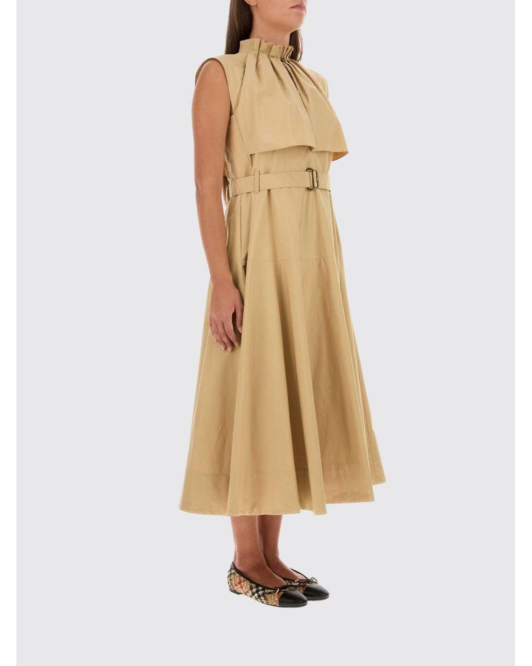 Burberry Natural Sleeveless A-Line Cotton Midi Dress With Belt