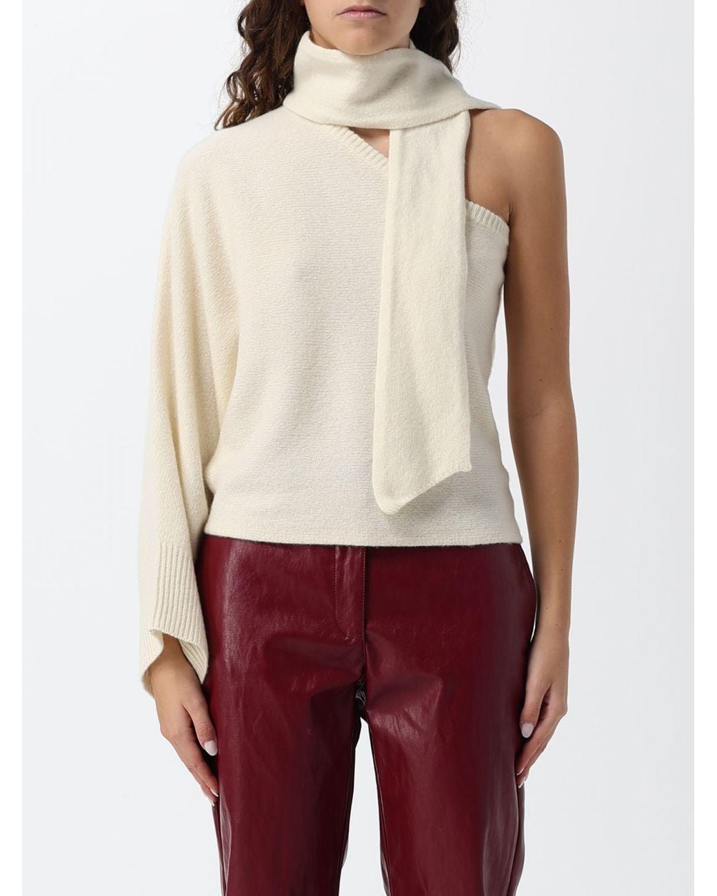 FEDERICA TOSI Red Asymmetrical One-Shoulder Wool And Cashmere Top With Scarf Neck