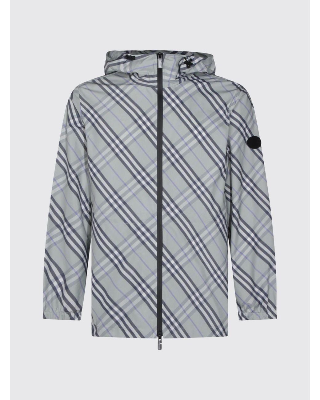 Burberry Gray Hooded Technical Fabric Windbreaker Jacket With Check Pattern for men