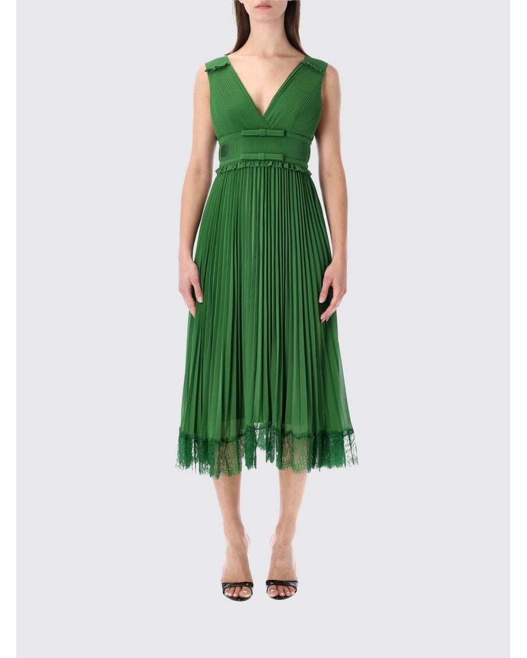 Self-Portrait Green Pleated Crêpe Midi Dress