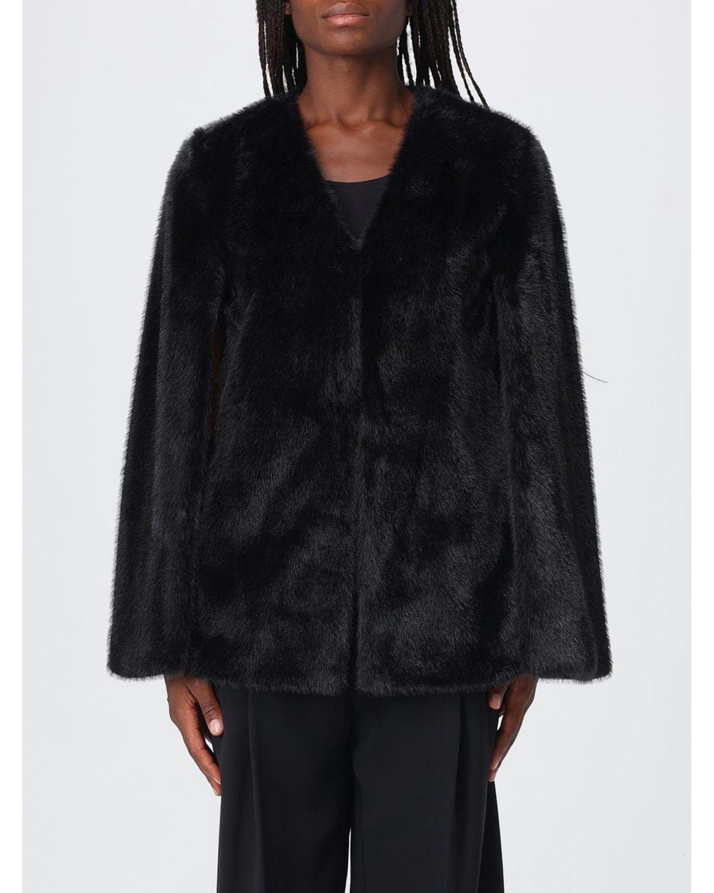 Twinset Black V-Neck Abstract Pattern Faux Fur Coat