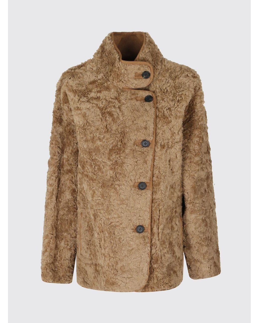 Low Classic Brown Reversible Shearling Faux Fur Coat With High Neck