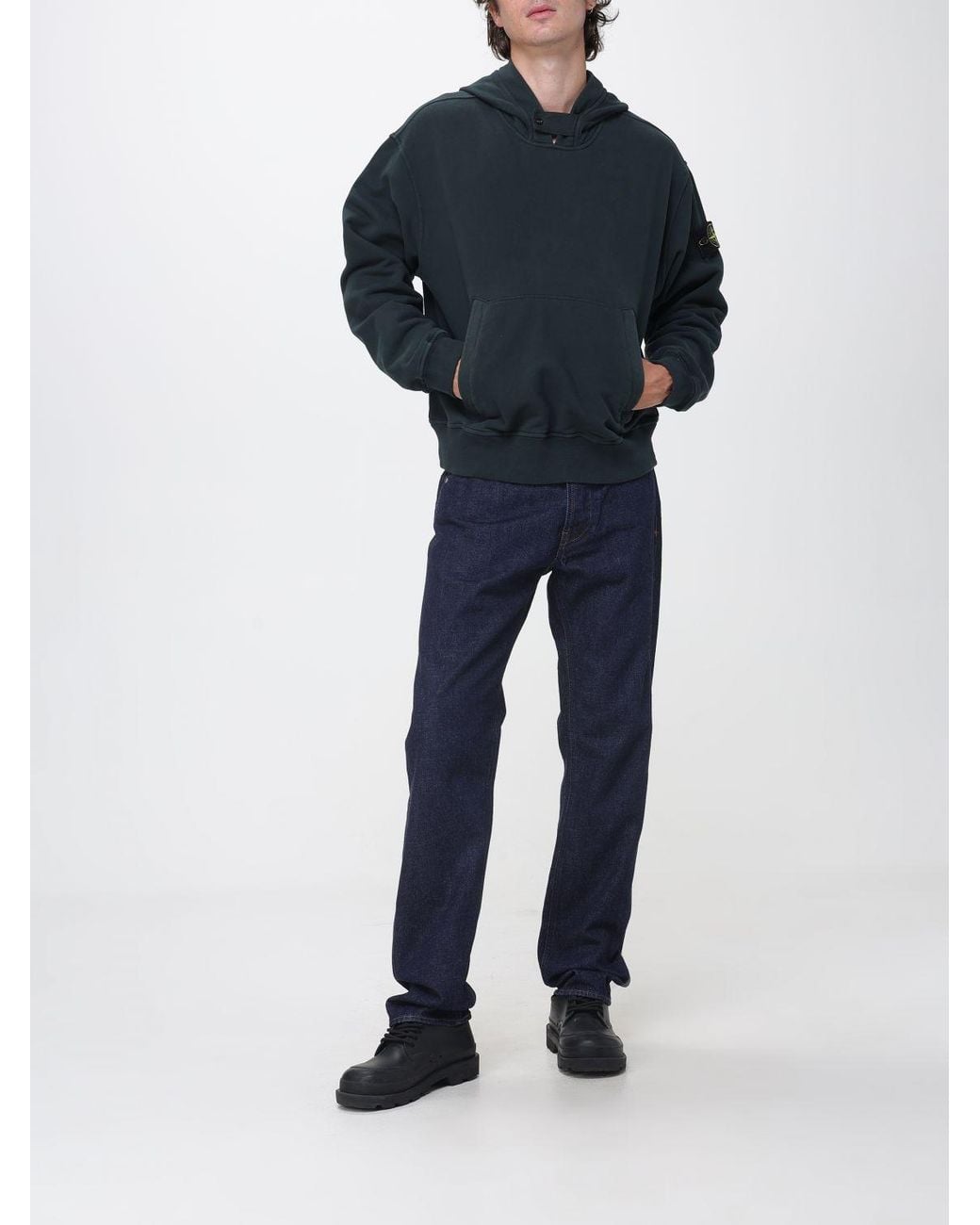 Stone Island Blue Straight Fit Cotton Denim Jeans With Compass Logo Patch for men