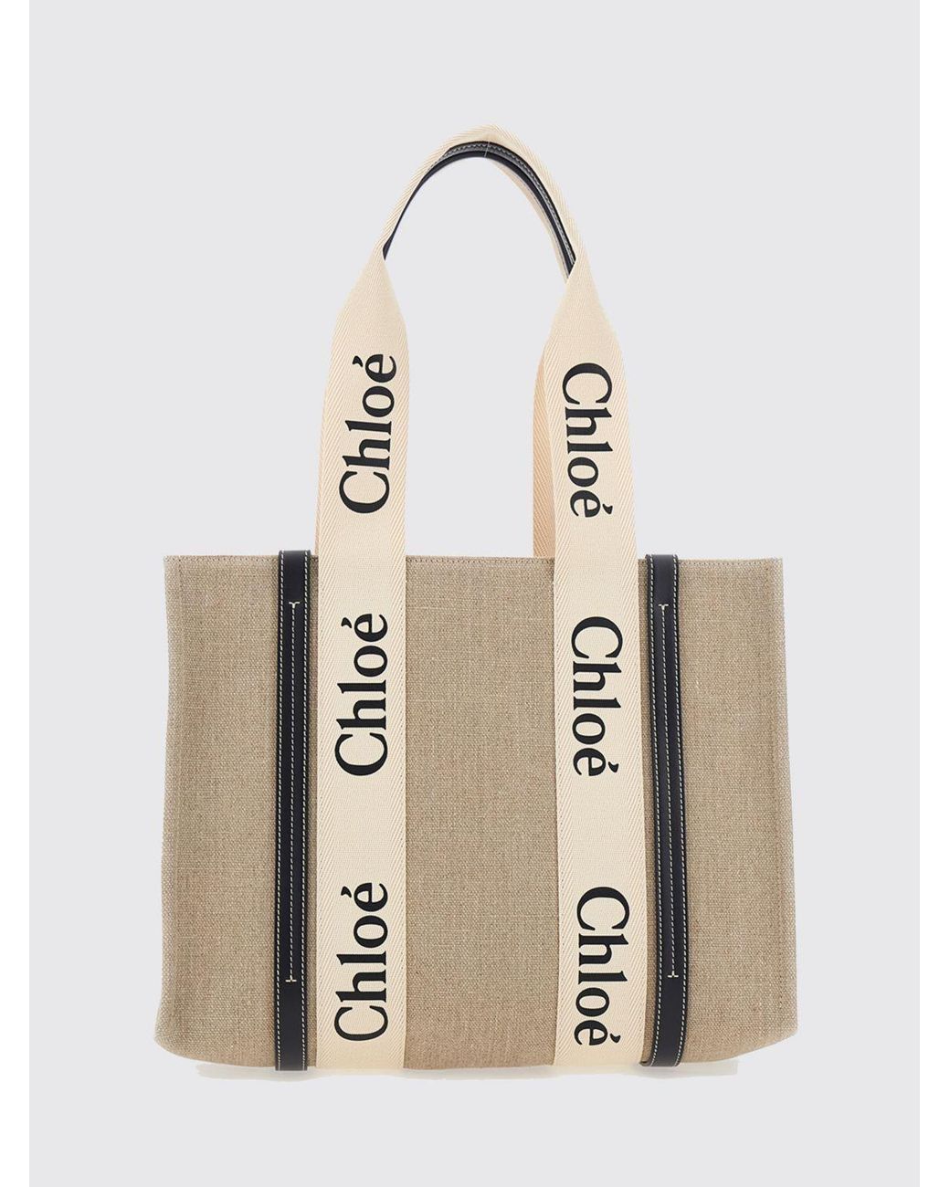 Chloé Natural Chlo&Eacute Woody Linen Tote Bag With Printed Logo And Double Handle