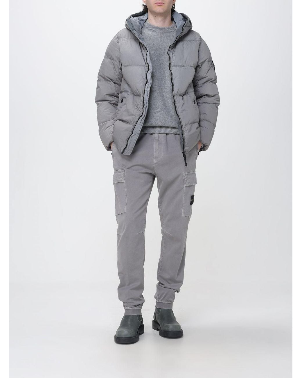 Stone Island Gray Slim Fit Stretch Technical Fabric Cargo Trousers With Compass Logo for men