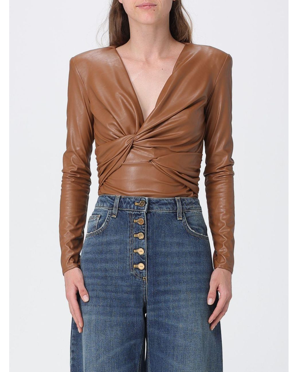 Elisabetta Franchi Blue Long-Sleeved Draped Faux Leather Evening Top