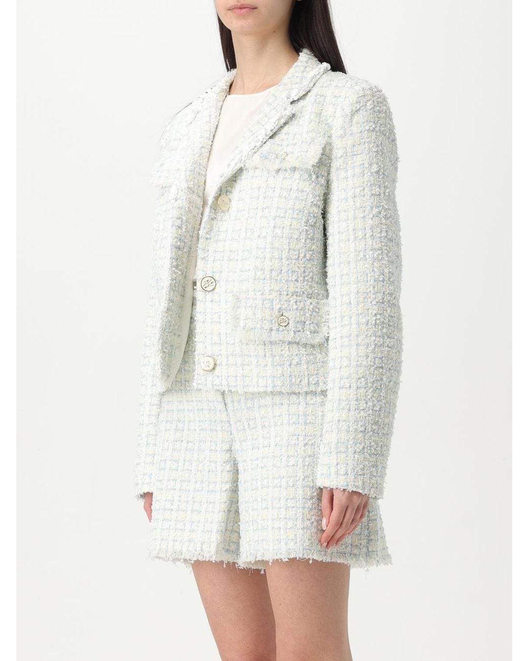 Karl Lagerfeld White Tweed Jacket Skirt Set Frayed Hem