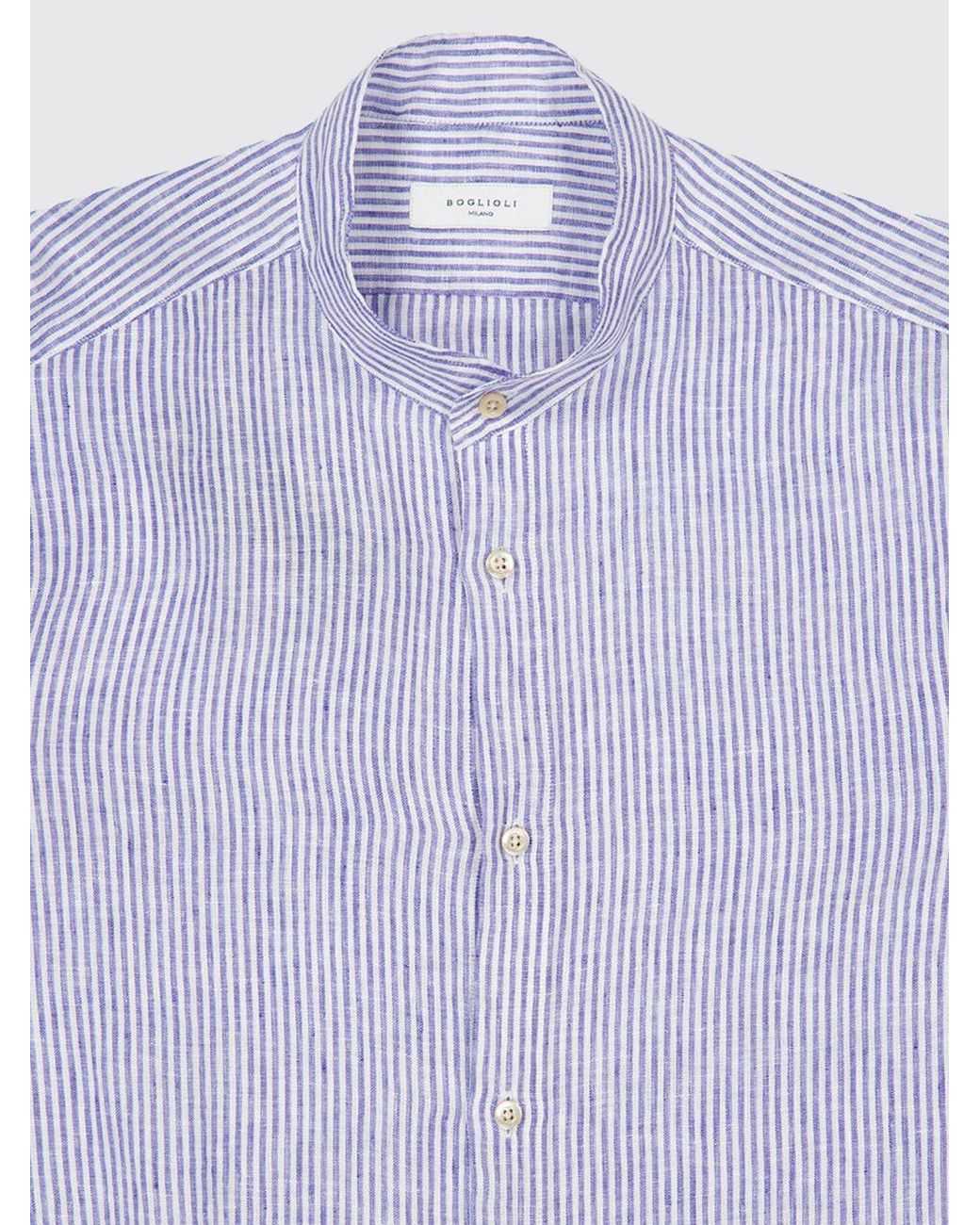 Boglioli Blue Striped Linen Slim Fit Shirt With Mandarin Collar for men
