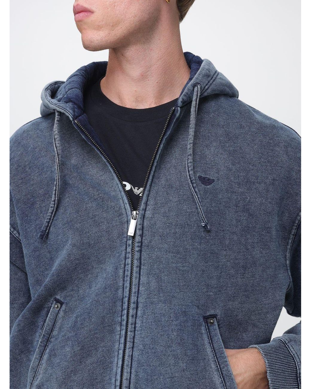Emporio Armani Blue Cotton Zip-Up Hoodie Sweatshirt With Embroidered Logo for men