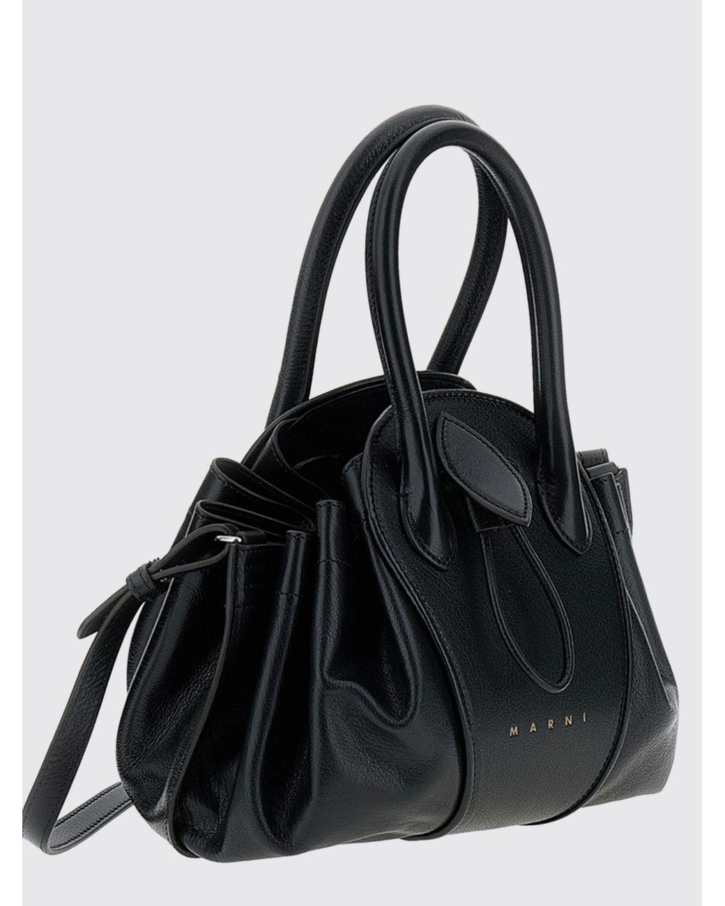Marni Black Small Flared Buffalo Leather Handbag With Double Handle And Drawstring