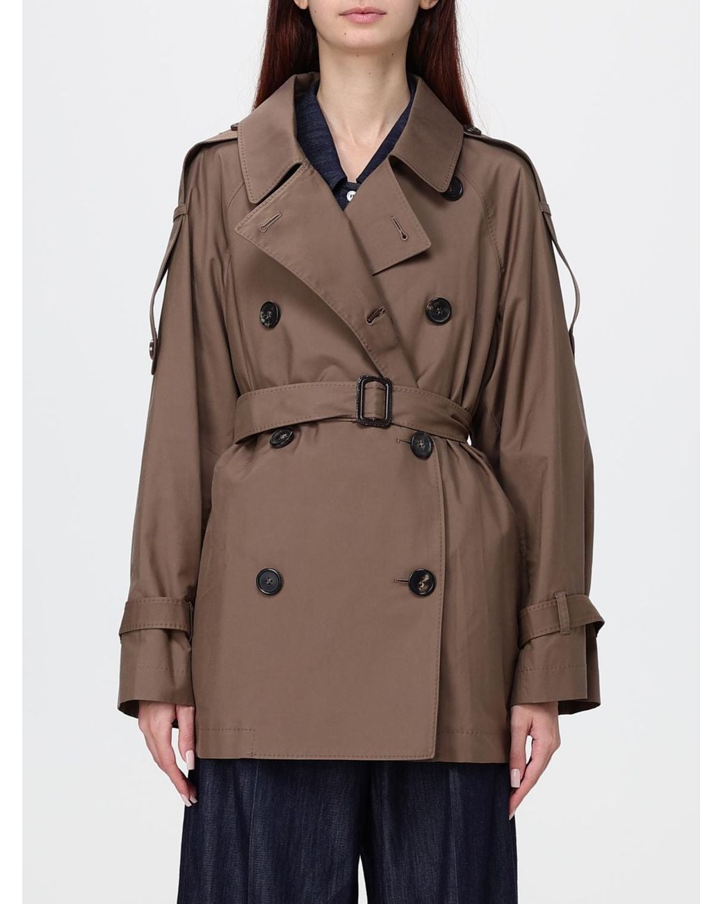 Max Mara Brown Short Double-Breasted Cotton Trench Coat With Belt And Epaulettes