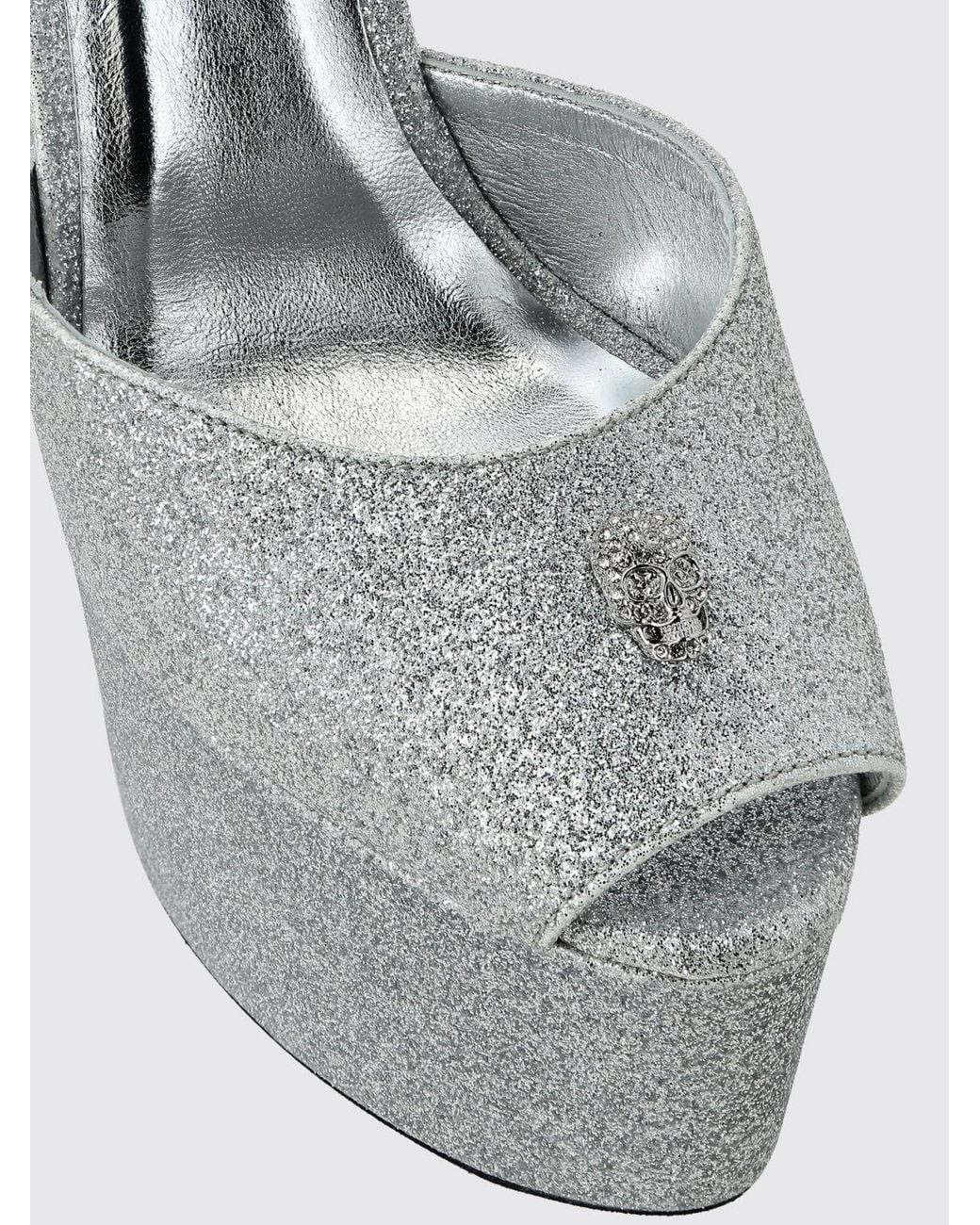 Philipp Plein Gray Glitter Leather Platform Sandals With High Heel And Skull