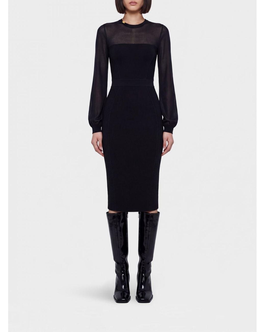 Elisabetta Franchi Blue Viscose Midi Sheath Dress With Puff Sleeves
