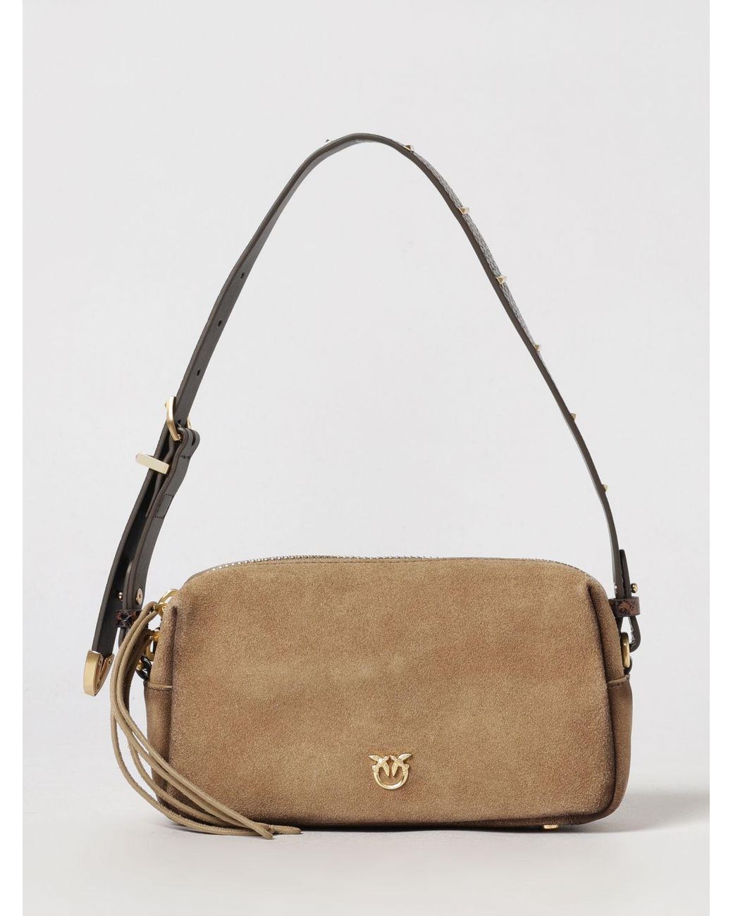 Pinko Natural Boston Suede Mini Shoulder Bag With Love Birds Logo