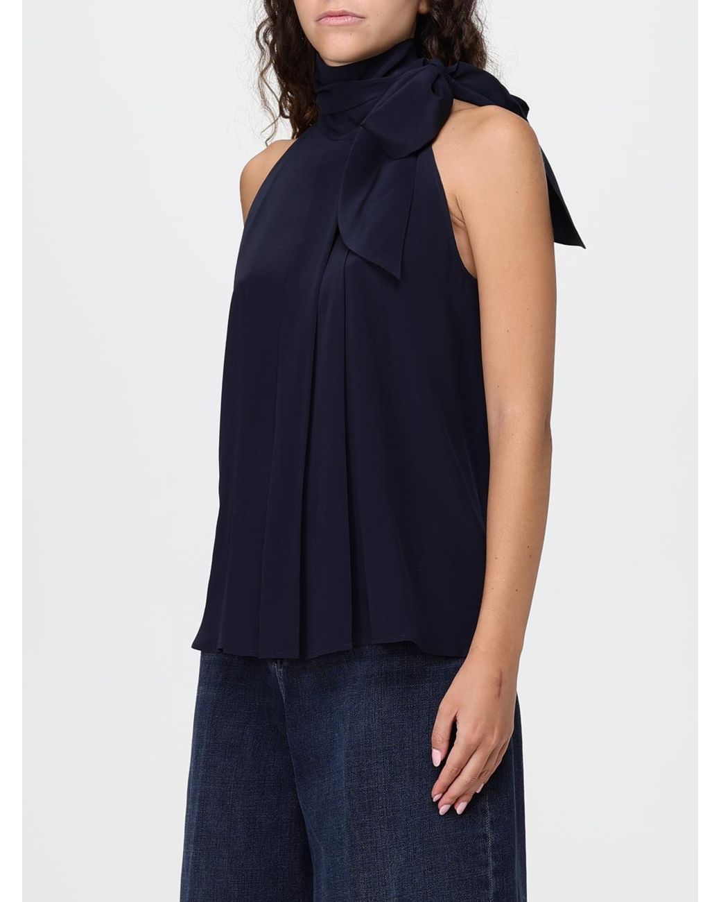 Blusa De Seda Plisada Con Cuello De Lazo Y Hombros Descubiertos Max Mara de color Blue