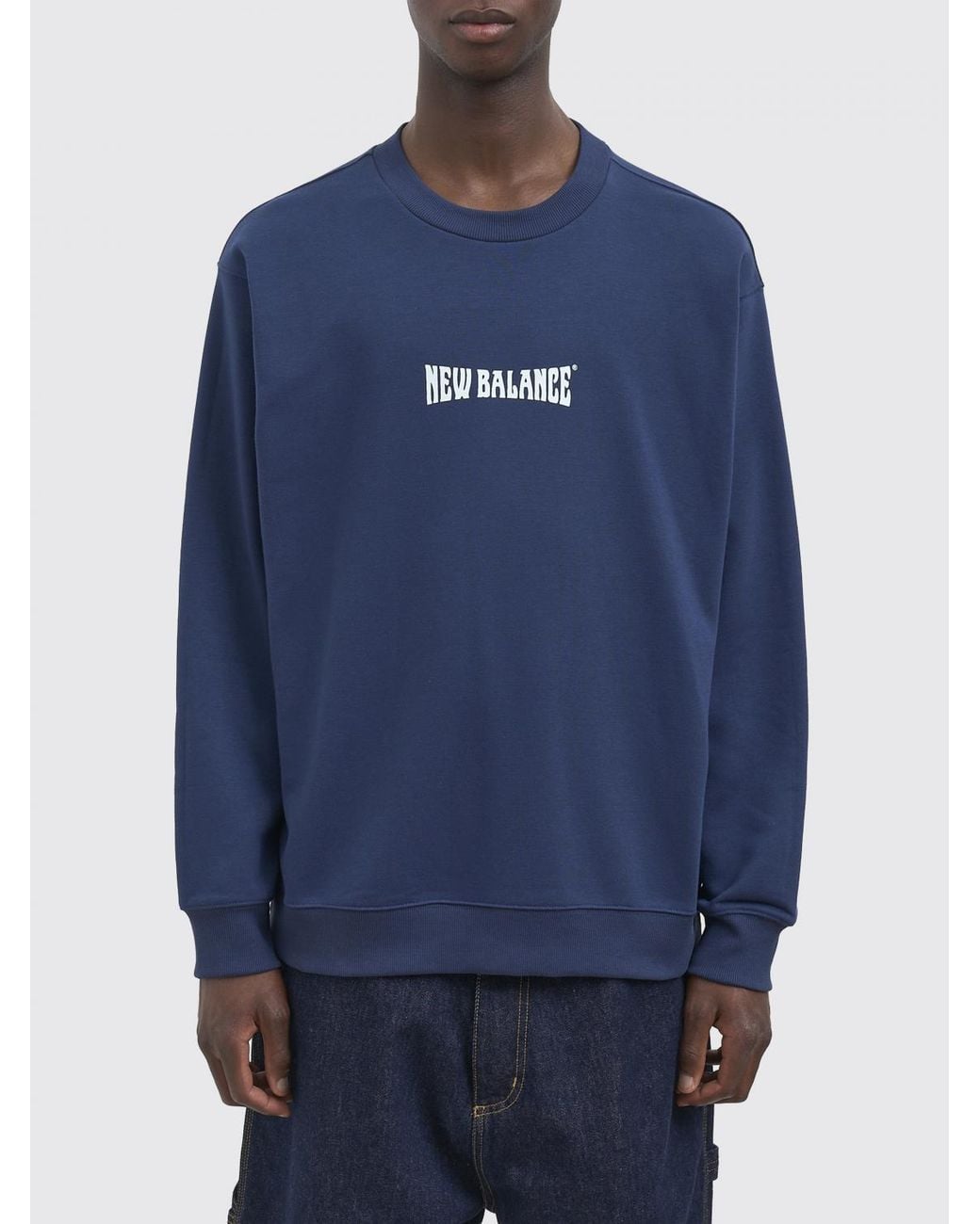 New Balance Blue Relaxed Fit Cotton Crewneck Jumper With Contrast Logo for men