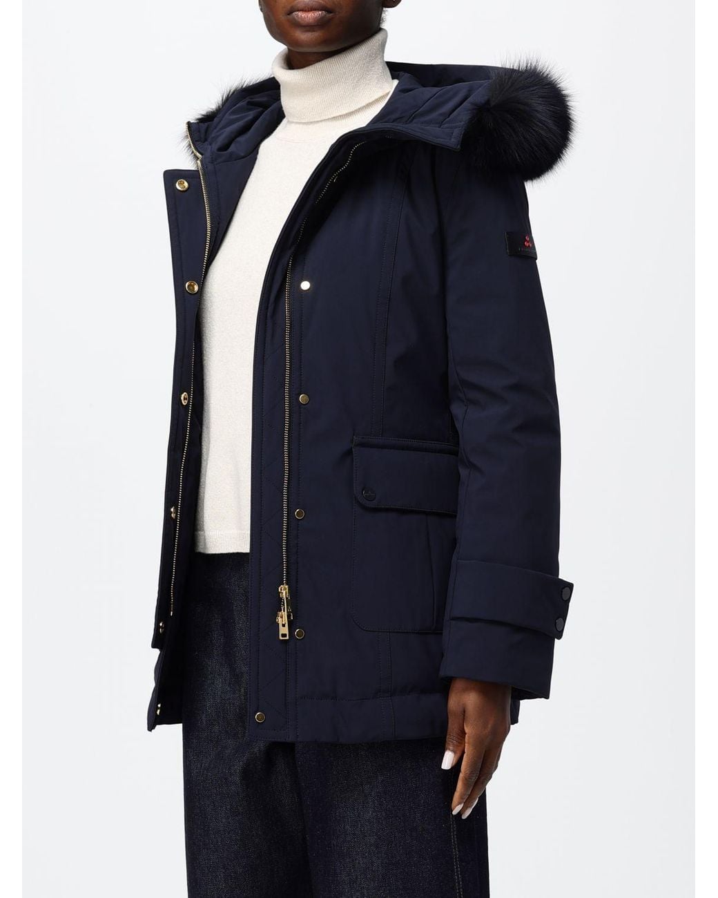 Peuterey Blue Knee-Length Polyester Parka With Shearling Hood And Applied Logo