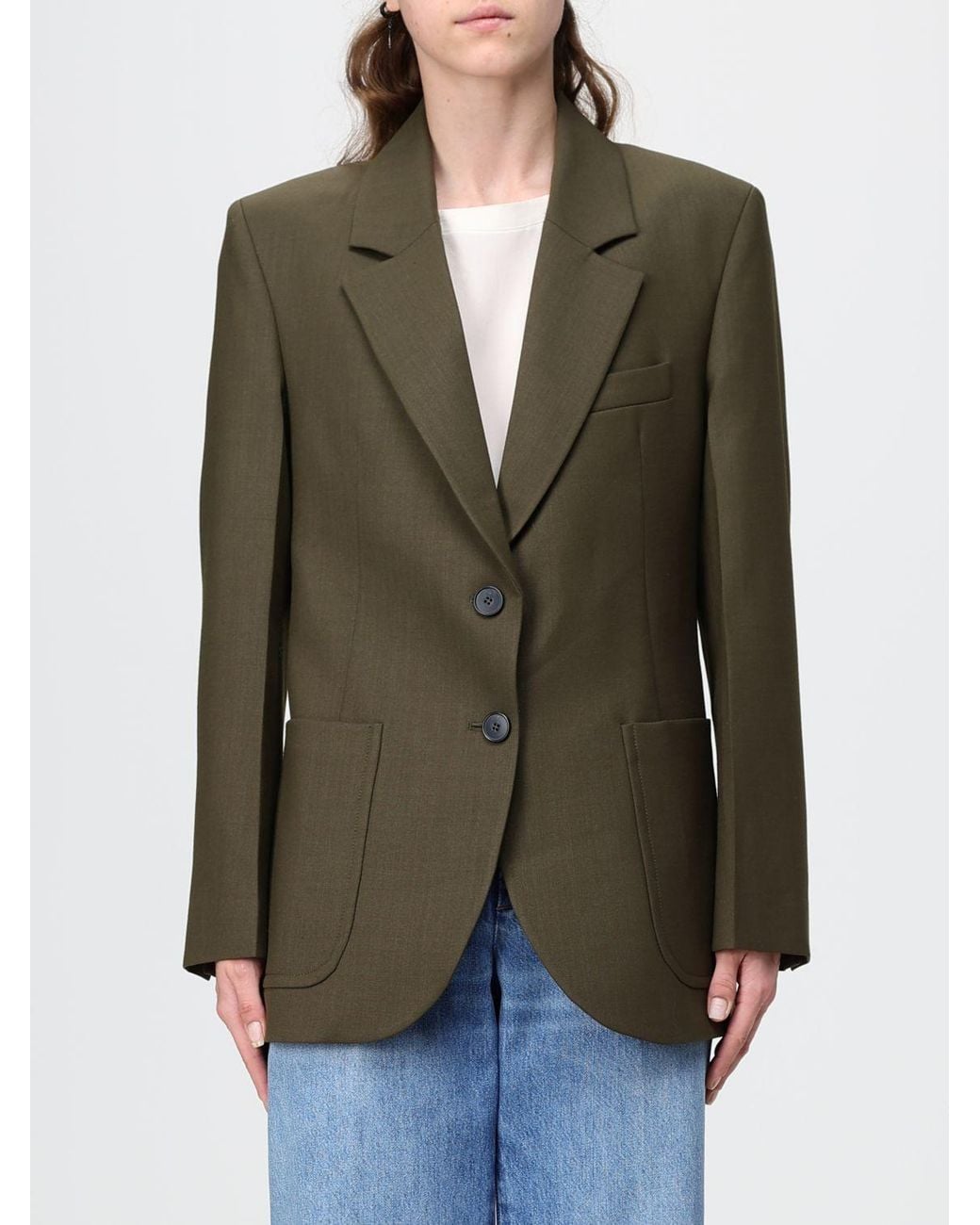 Victoria Beckham Green Single-Breasted Virgin Wool Blazer With Padded Shoulders