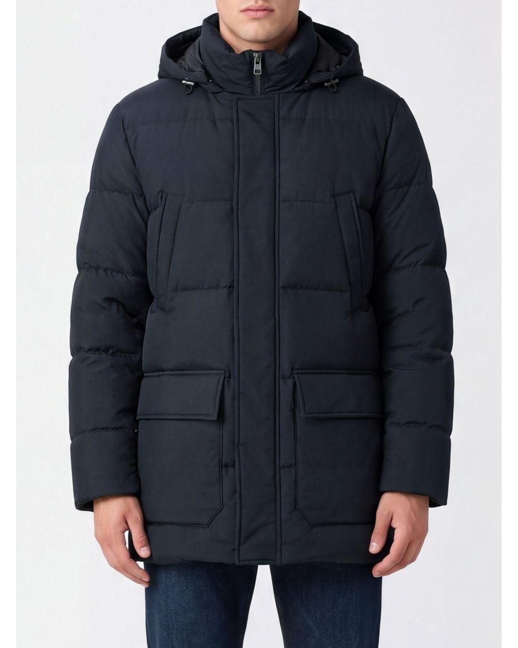 Canali Blue Quilted Long Polyester Puffer Jacket With Padded Hood for men