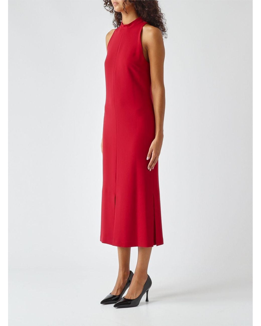 Twinset Red Crêpe Midi Sheath Dress With Halter Neck And Off-The-Shoulder Design