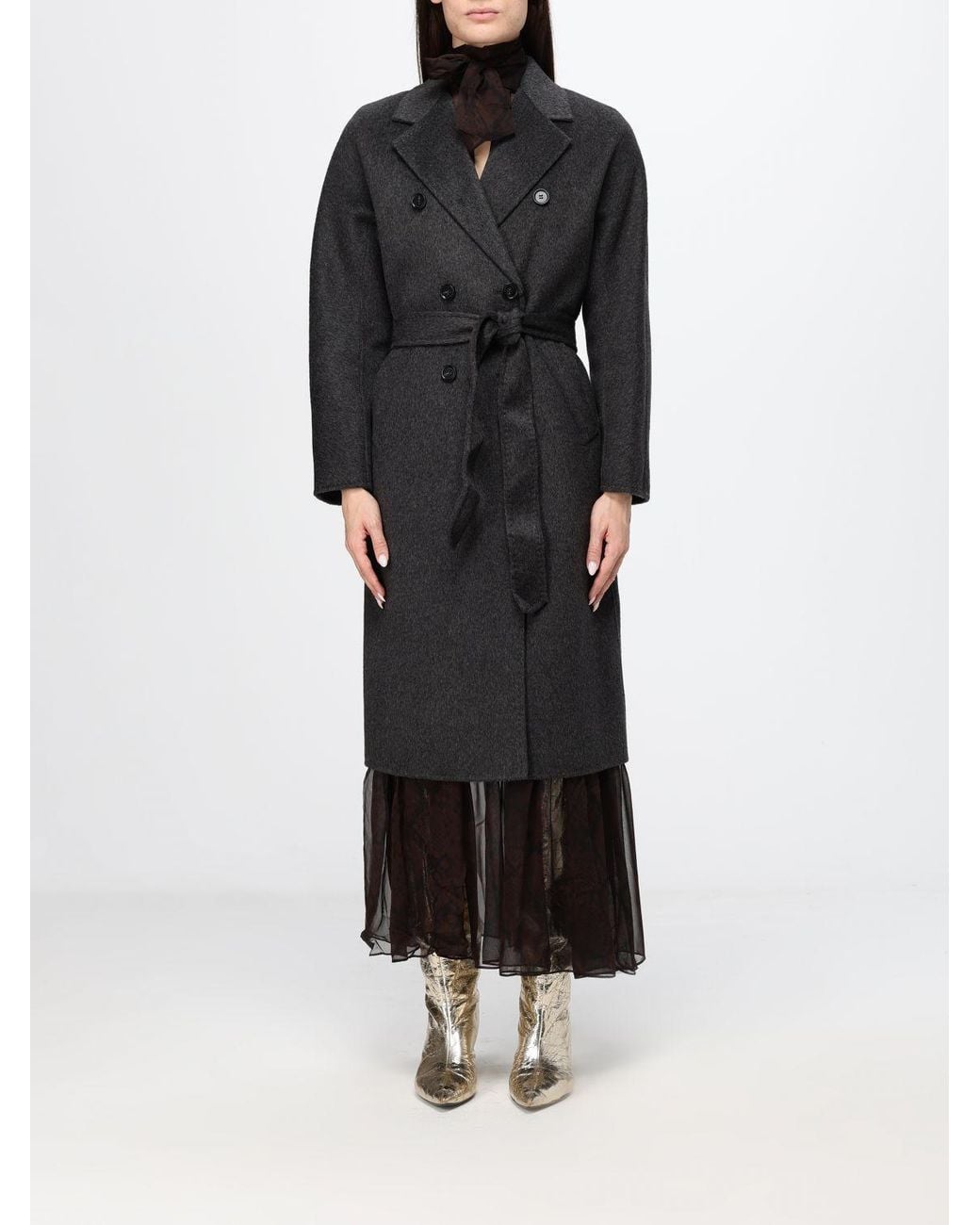Twinset Black Wool Blend Robe Coat With Belt And Rever Collar