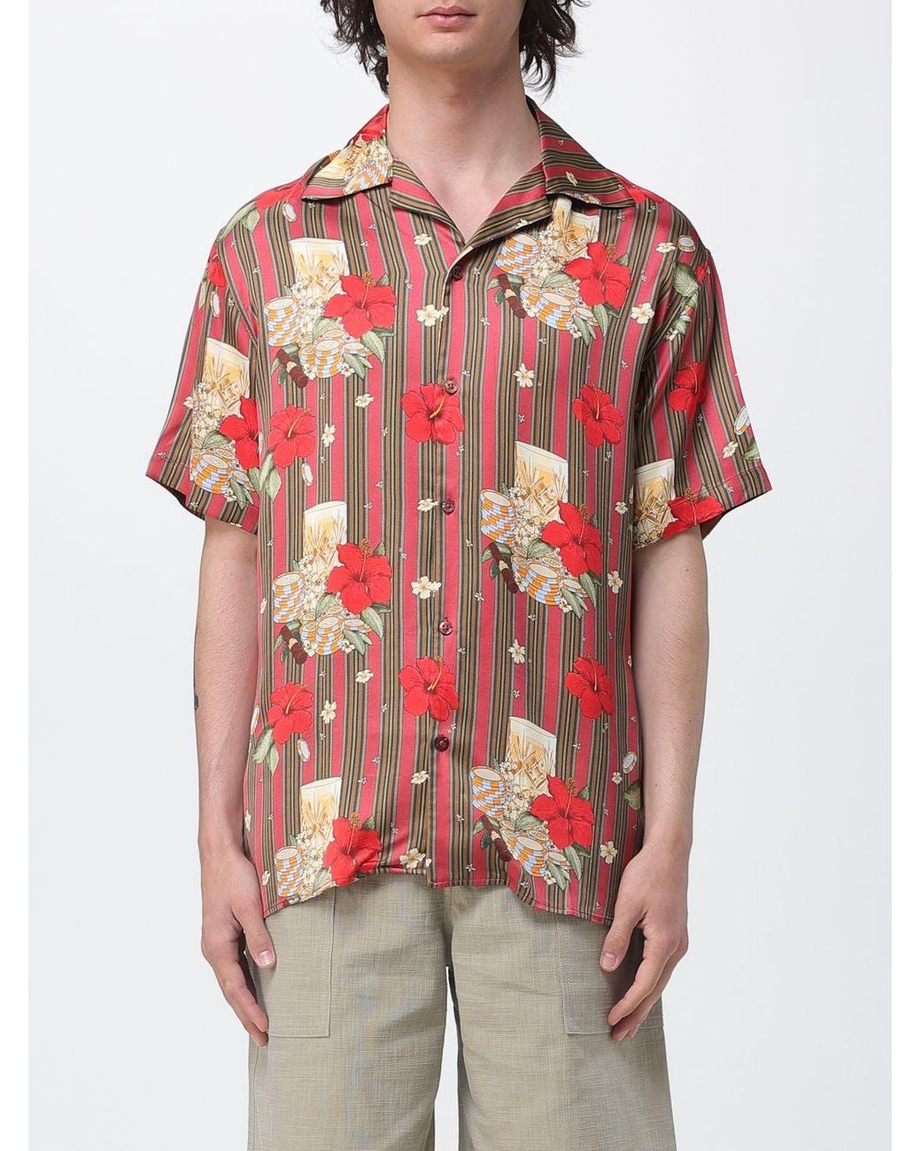 Drole de Monsieur Red Printed Viscose Casual Shirt for men