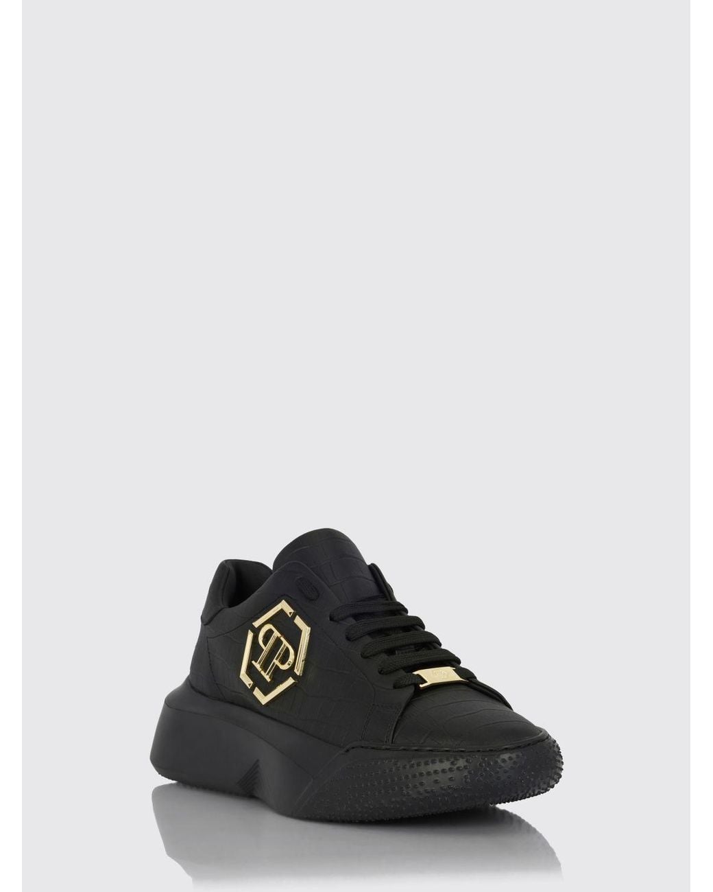 Philipp Plein Black Croc-Effect Leather Low-Top Trainers With Hexagon Logo for men