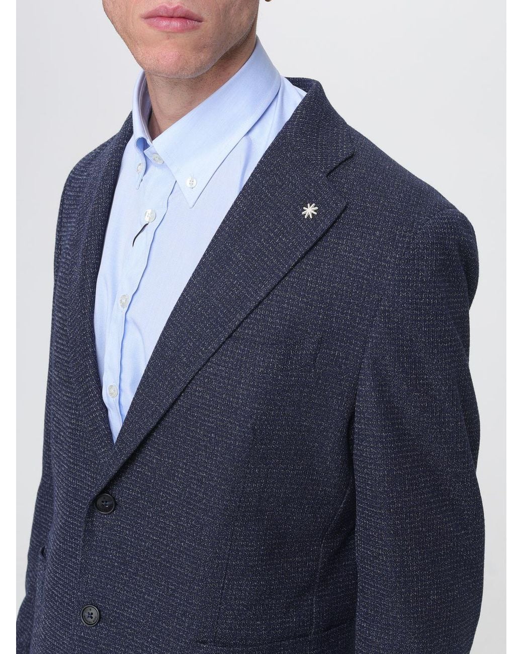 Manuel Ritz Blue Single-Breasted Cotton Blend Blazer With Patch Pockets for men